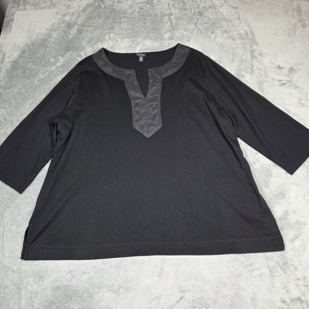 Lauren Ralph Lauren Top Womens 3X Black Split Neck Preppy Beachy Tunic